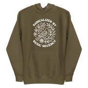military green hoodie with "Radicalized By Basic Decency" design (front)