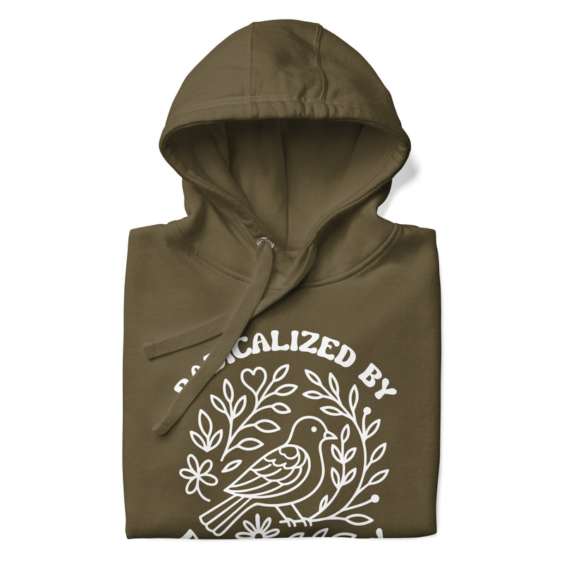 military green hoodie with "Radicalized By Basic Decency" design (front)