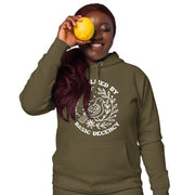 military green hoodie with "Radicalized By Basic Decency" design (front)