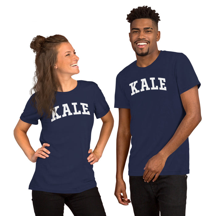 Man and woman smiling while wearing matching KALE parody shirts.