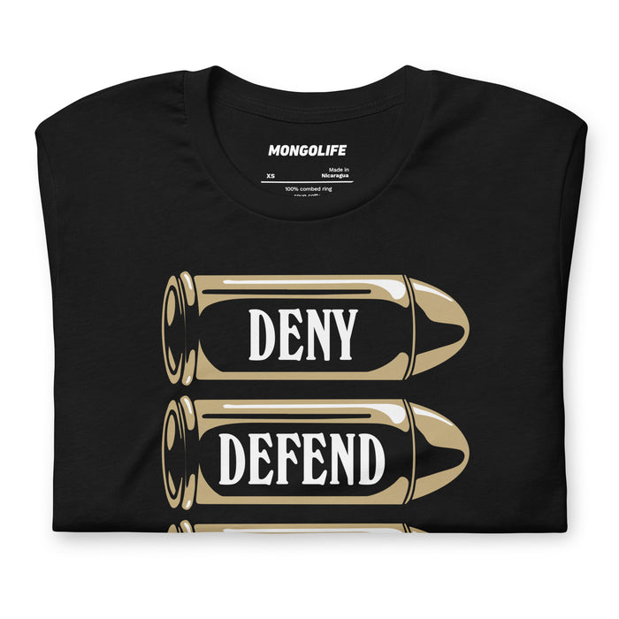 Close-up of a folded ‘Deny Defend Depose’ T-shirt in black, displaying detailed gold bullet graphics and bold lettering.