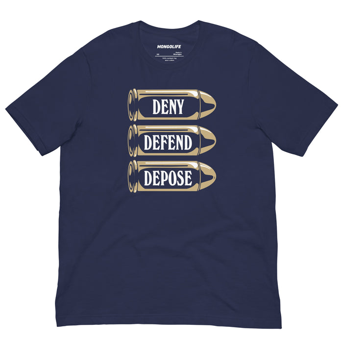 op flat view of the ‘Deny Defend Depose’ T-shirt in navy, showcasing striking gold bullet graphics and bold text.