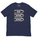 op flat view of the ‘Deny Defend Depose’ T-shirt in navy, showcasing striking gold bullet graphics and bold text.