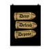 High-quality print of the ‘Deny, Defend, Depose’ poster with striking bullet graphics and sharp lettering on a blank wall.