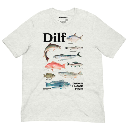 Closeup of DILF fish shirt showing mackerel, sea bass, red snapper, and other species