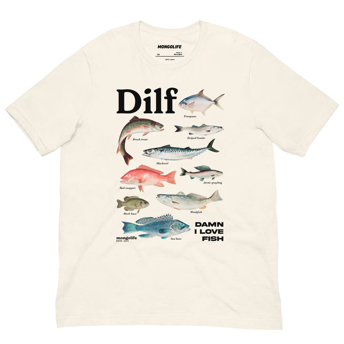 Vintage white DILF t-shirt with colorful fish illustrations and Damn I Love Fish slogan
