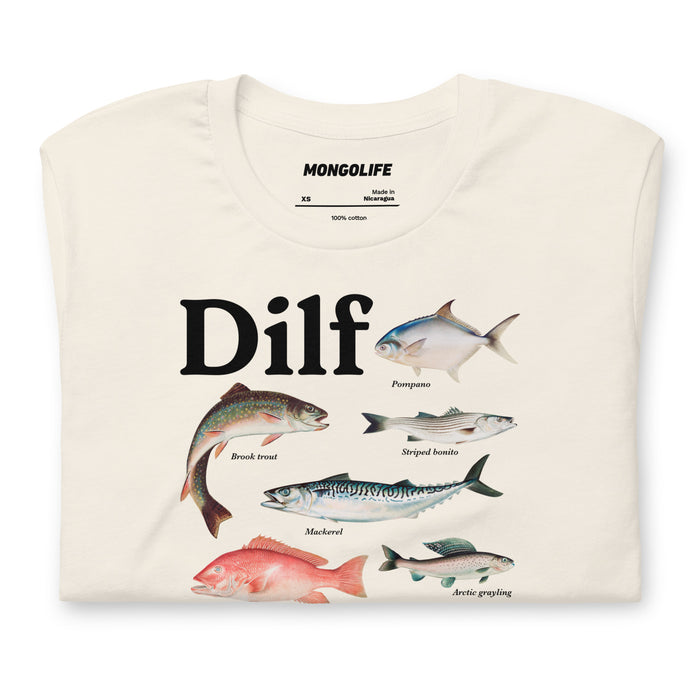 Vintage white color DILF shirt featuring multiple fish types for fishing lovers