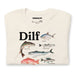 Vintage white color DILF shirt featuring multiple fish types for fishing lovers