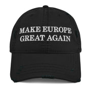 black distressed dad hat with make europe great again embroidered in white MEGA political cap