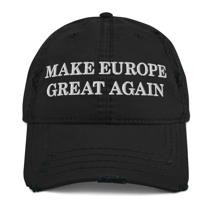 black distressed dad hat with make europe great again embroidered in white MEGA political cap
