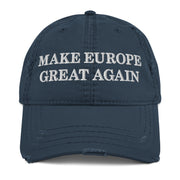 navy distressed dad hat with make europe great again embroidered in white MEGA political cap