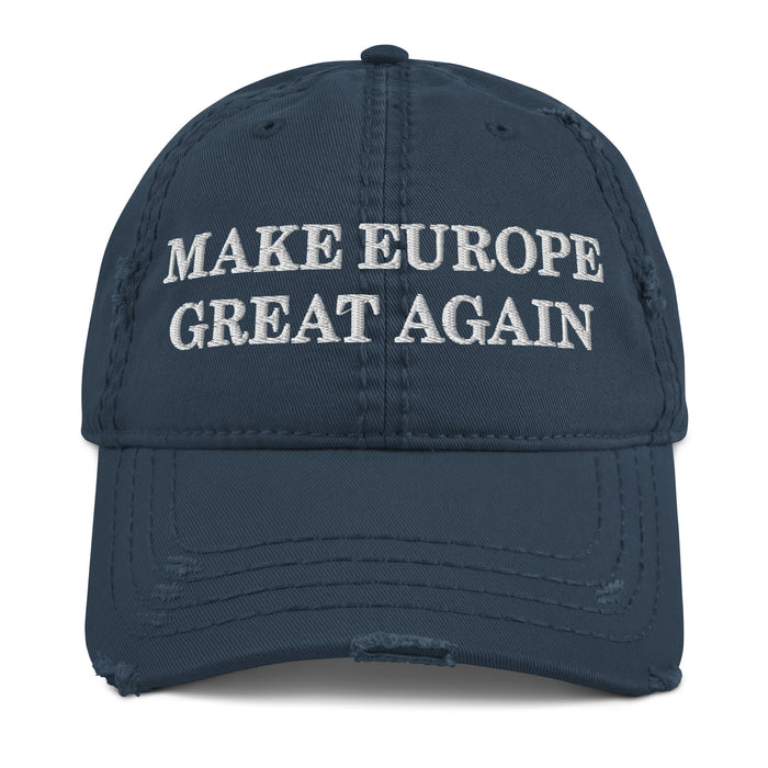 navy distressed dad hat with make europe great again embroidered in white MEGA political cap