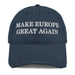 navy distressed dad hat with make europe great again embroidered in white MEGA political cap
