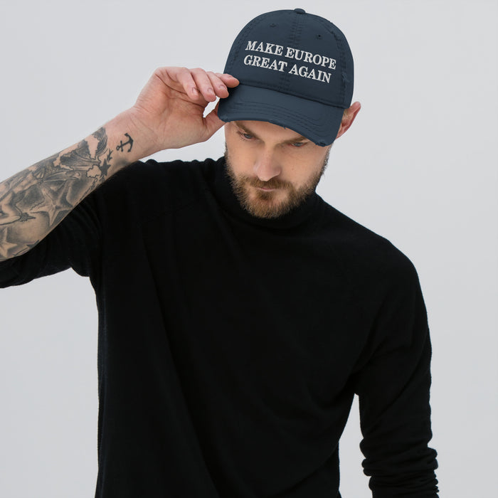 navy MEGA hat make europe great again white embroidery distressed low profile dad cap