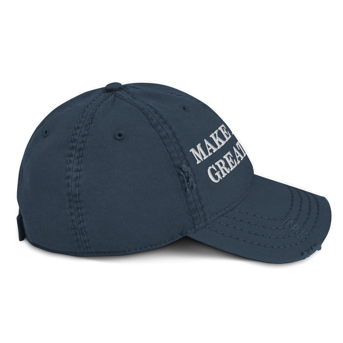 right side view of navy MEGA make europe great again distressed dad hat pro eu political headwear