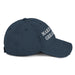 right side view of navy MEGA make europe great again distressed dad hat pro eu political headwear