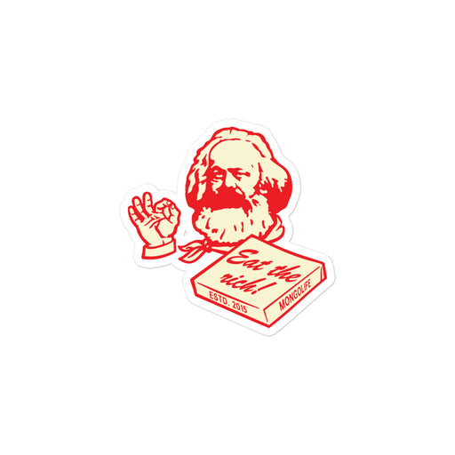 3x3" Eat The Rich vinyl sticker featuring Karl Marx holding a pizza box with bold red design and clear text.