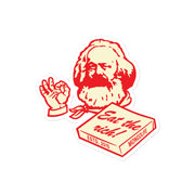 4x4" Eat The Rich vinyl sticker showcasing Karl Marx’s pizza chef-style illustration with "Eat The Rich" text in vibrant red.