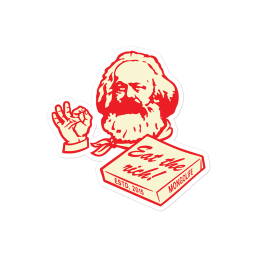 4x4" Eat The Rich vinyl sticker showcasing Karl Marx’s pizza chef-style illustration with "Eat The Rich" text in vibrant red.