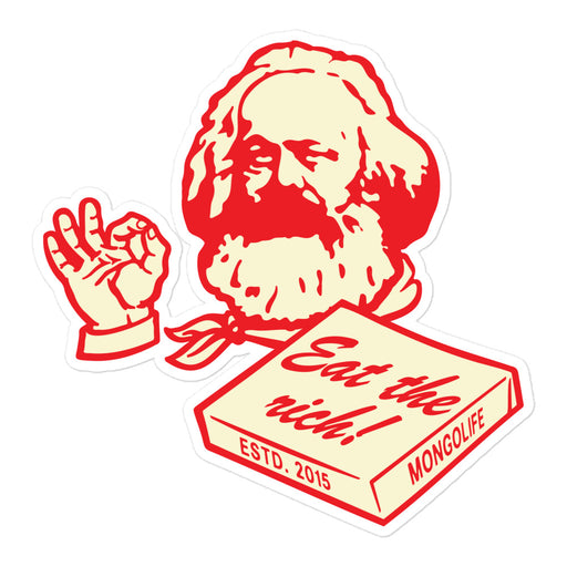 5.5x5.5" Eat The Rich vinyl sticker with a detailed Marx illustration and pizza box design, perfect for larger surfaces.