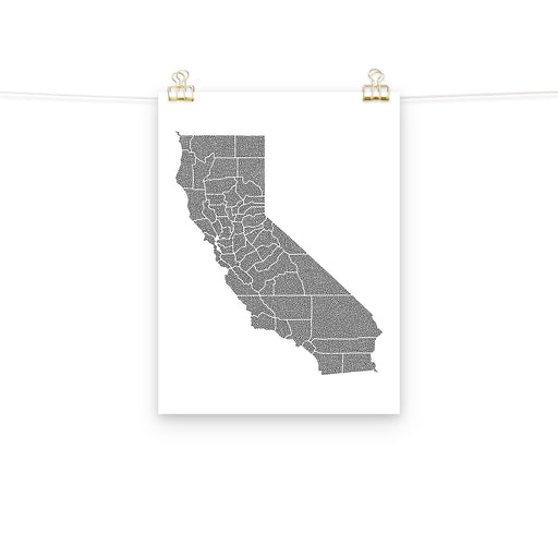 Minimalist California map poster created with one continuous black line, showcasing space between counties, in black and white.