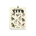 Funny illustrated poster showing various types of birds labeled as "tits."