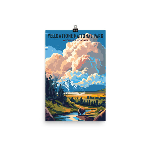 Yellowstone National Park Poster featuring iconic landscapes of Wyoming and Montana.