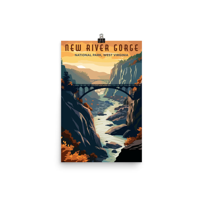 New River Gorge National Park Poster featuring the iconic bridge and scenic landscapes of West Virginia.