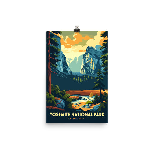 Yosemite National Park Poster featuring iconic landscapes and natural beauty of California.