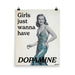 Retro-style poster featuring a woman in a glamorous dress holding a pill bottle with the text “Girls just wanna have dopamine,” highlighting ADHD humor.