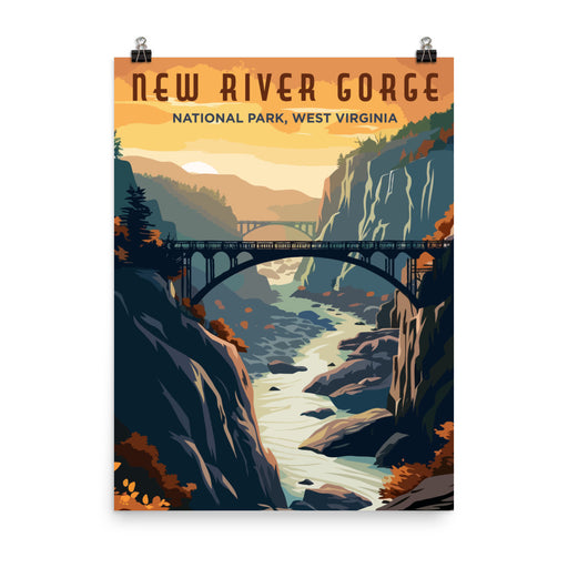 New River Gorge National Park Poster featuring the iconic bridge and scenic landscapes of West Virginia.