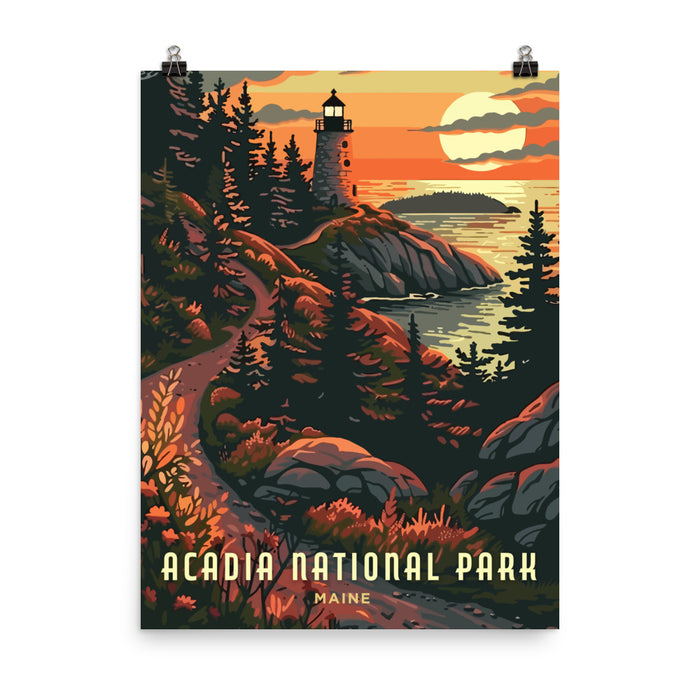 Acadia National Park Poster featuring a scenic lighthouse and sunset along Maine's rugged coastline.