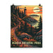 Acadia National Park Poster featuring a scenic lighthouse and sunset along Maine's rugged coastline.