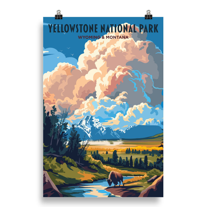 Yellowstone National Park Poster featuring iconic landscapes of Wyoming and Montana.