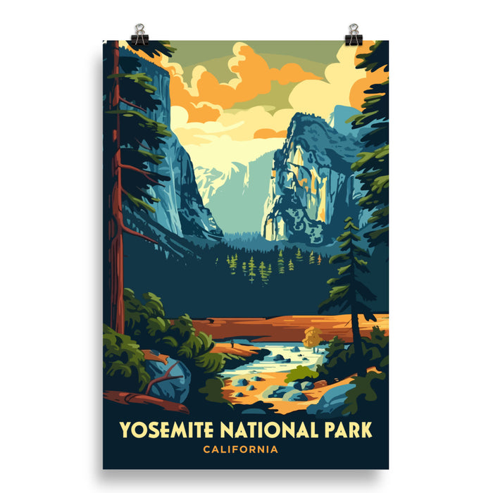 Yosemite National Park Poster featuring iconic landscapes and natural beauty of California.