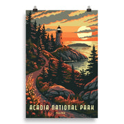 Acadia National Park Poster featuring a scenic lighthouse and sunset along Maine's rugged coastline.