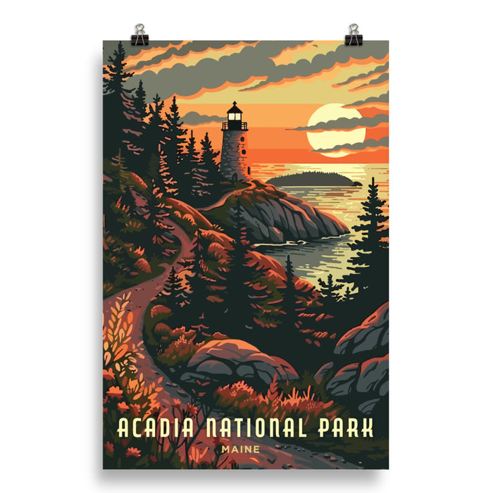 Acadia National Park Poster featuring a scenic lighthouse and sunset along Maine's rugged coastline.