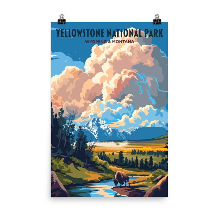 Yellowstone National Park Poster featuring iconic landscapes of Wyoming and Montana.