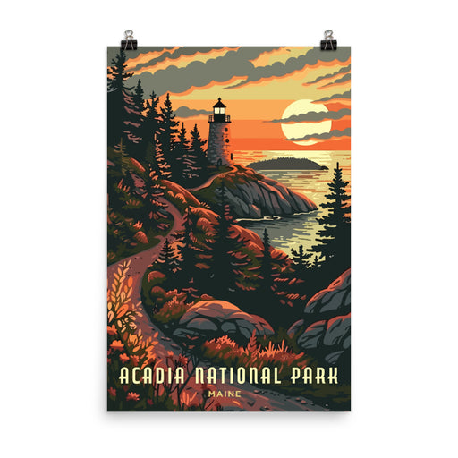 Acadia National Park Poster featuring a scenic lighthouse and sunset along Maine's rugged coastline.