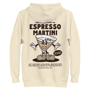 Back view of the Espresso Martini hoodie in beige, featuring a smiling martini glass cartoon with espresso beans and the phrase "More Espresso, Less Depresso."