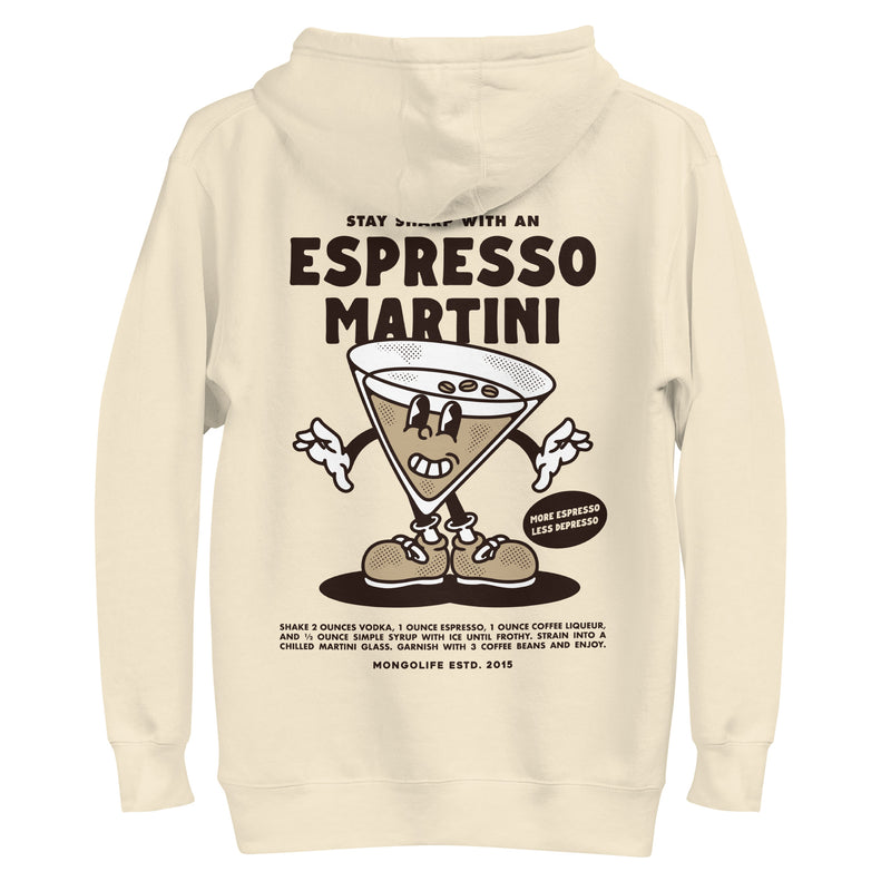 Back view of the Espresso Martini hoodie in beige, featuring a smiling martini glass cartoon with espresso beans and the phrase "More Espresso, Less Depresso."