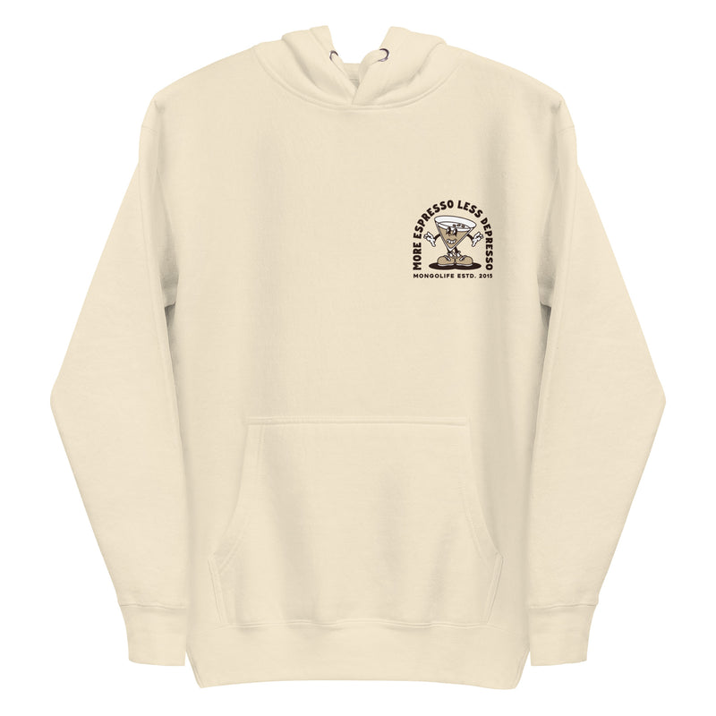 Front view of the Espresso Martini hoodie in beige, featuring a small left chest print of a vintage-style martini glass.