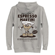 Back view of the Espresso Martini hoodie in carbon grey, showcasing a retro-style martini glass with coffee beans and the phrase "More Espresso, Less Depresso."