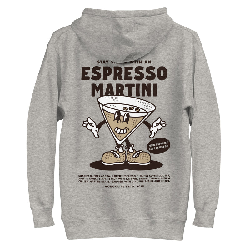Back view of the Espresso Martini hoodie in carbon grey, showcasing a retro-style martini glass with coffee beans and the phrase "More Espresso, Less Depresso."