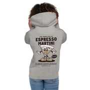 Female model wearing the Espresso Martini hoodie in carbon grey, showing the back design with a smiling martini glass cartoon.
