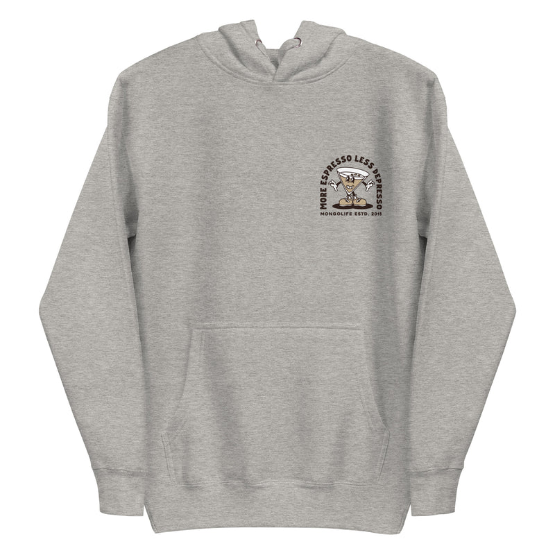 Front view of the Espresso Martini hoodie in carbon grey, with a minimalist martini glass design on the left chest.