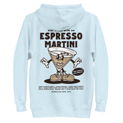 Back view of the Espresso Martini hoodie in sky blue, featuring a fun martini glass cartoon with espresso beans and vintage-style typography.