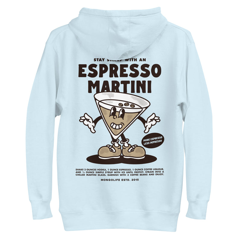 Back view of the Espresso Martini hoodie in sky blue, featuring a fun martini glass cartoon with espresso beans and vintage-style typography.