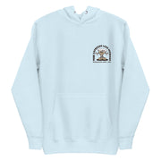 Front view of the Espresso Martini hoodie in sky blue, with a small left chest print of a cartoon martini glass.