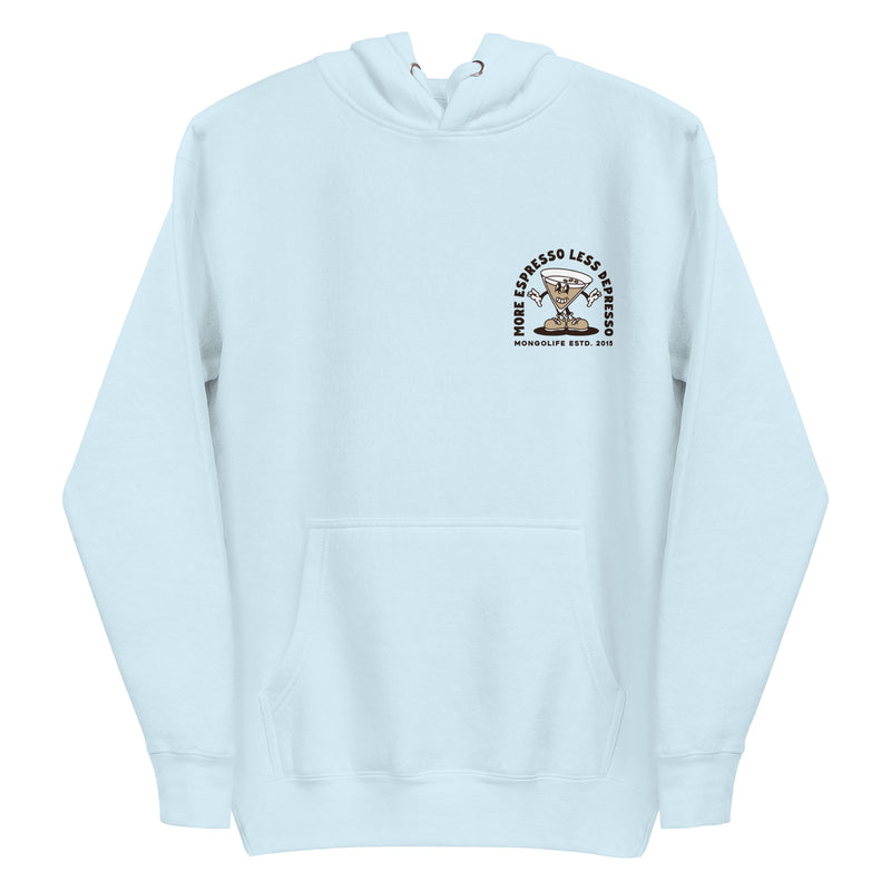 Front view of the Espresso Martini hoodie in sky blue, with a small left chest print of a cartoon martini glass.